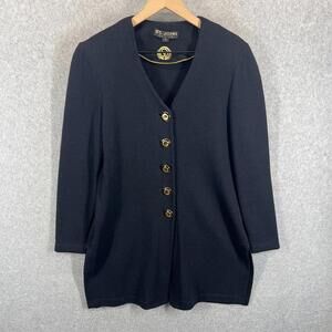 St. John Basics Santana Knit Navy V Neck Cardigan Sweater Gold‎ Buttons Jacket S